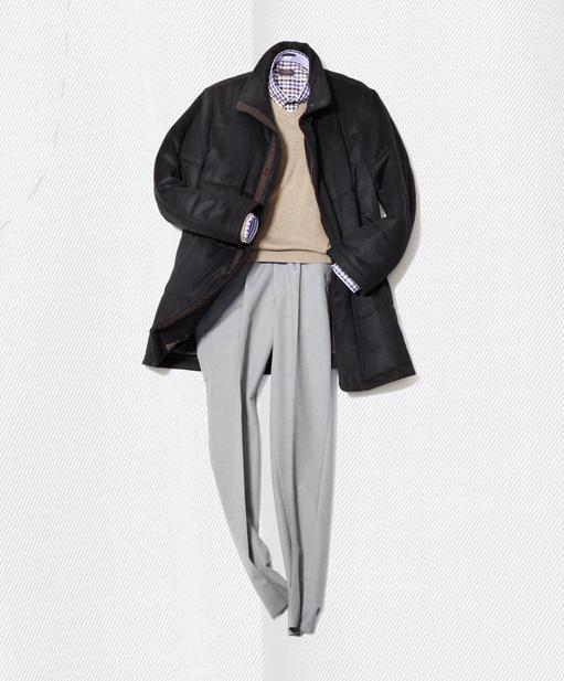 Schneider's of Austria quilted wool coat, $850. Paul & Shark button down sport shirt, $255. Robert Talbott tan rolled v-neck cotton sweater, $175. Hiltl gray trouser, $275. 